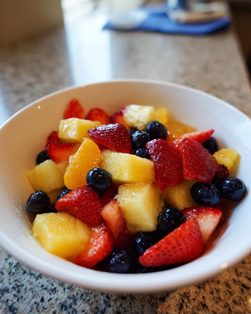 A close-up of vibrant Honey Lime Fruit Salad featuring strawberries, blueberries, pineapple, and orange segments in a white bowl.