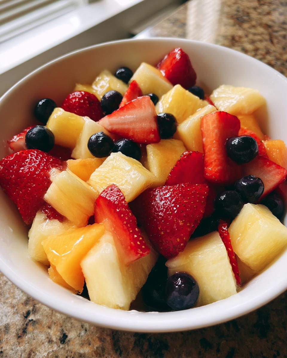 Close-up of a bright Honey Lime Fruit Salad featuring strawberries, pineapple, blueberries, and melon in a white bowl.