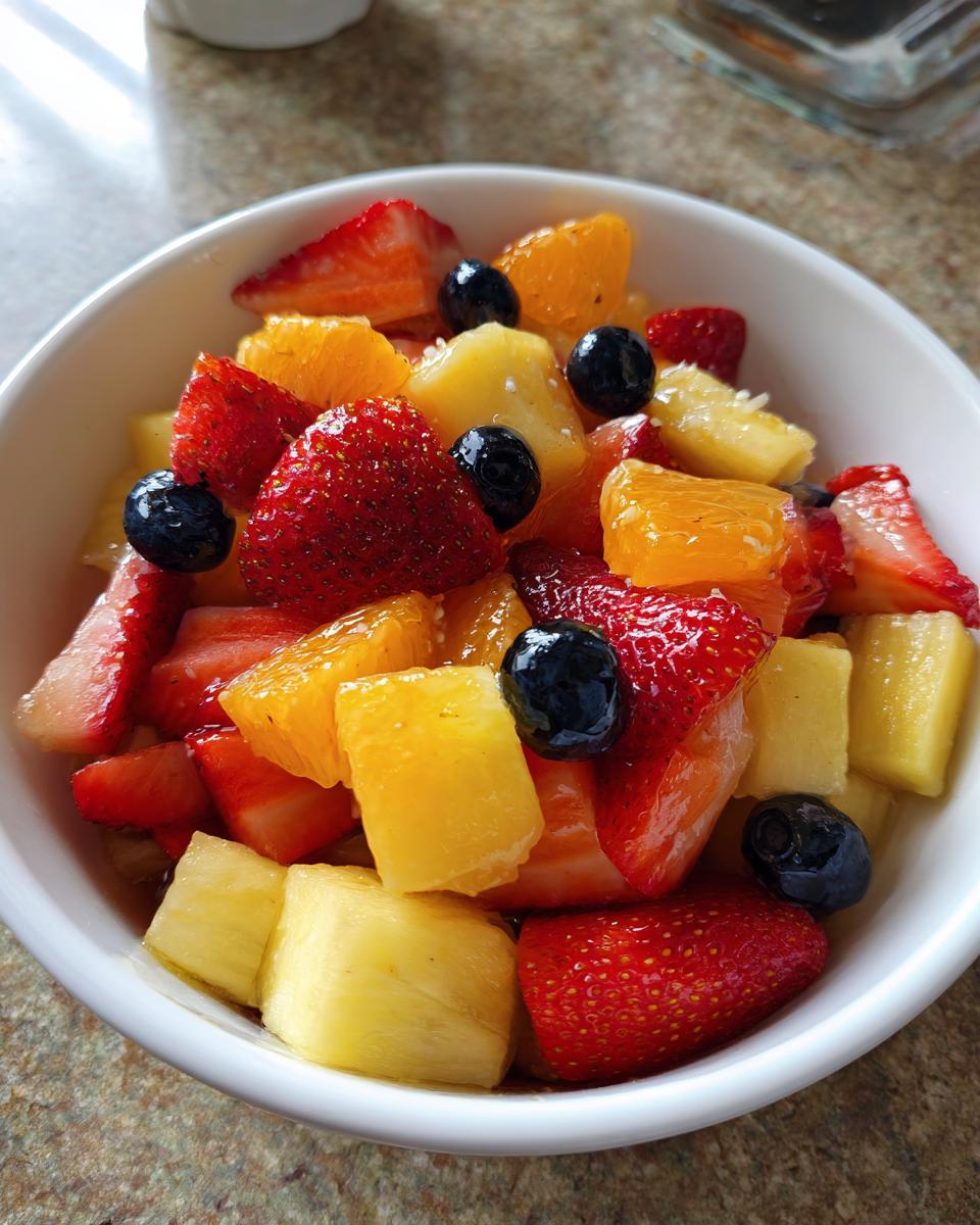 Close-up of a fresh Honey Lime Fruit Salad featuring strawberries, pineapple chunks, orange segments, and blueberries in a white bowl.