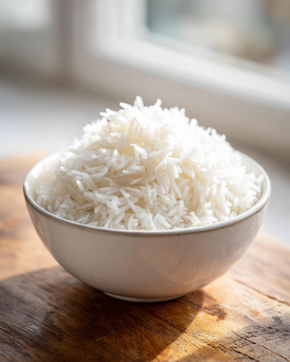 A close-up of perfectly fluffy, white, cooked Basmati rice piled high in a small ceramic bowl.