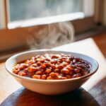 A close-up of a white bowl filled with steaming, rich BBQ Pinto Beans resting on a wooden surface near a bright window.