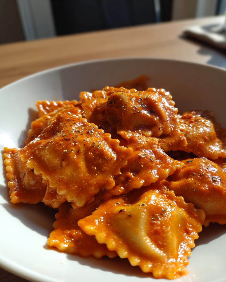 Close-up of ravioli coated in a rich, orange-red sauce, seasoned with pepper, part of the Hubbys Date Night Vodka Ravioli recipe.