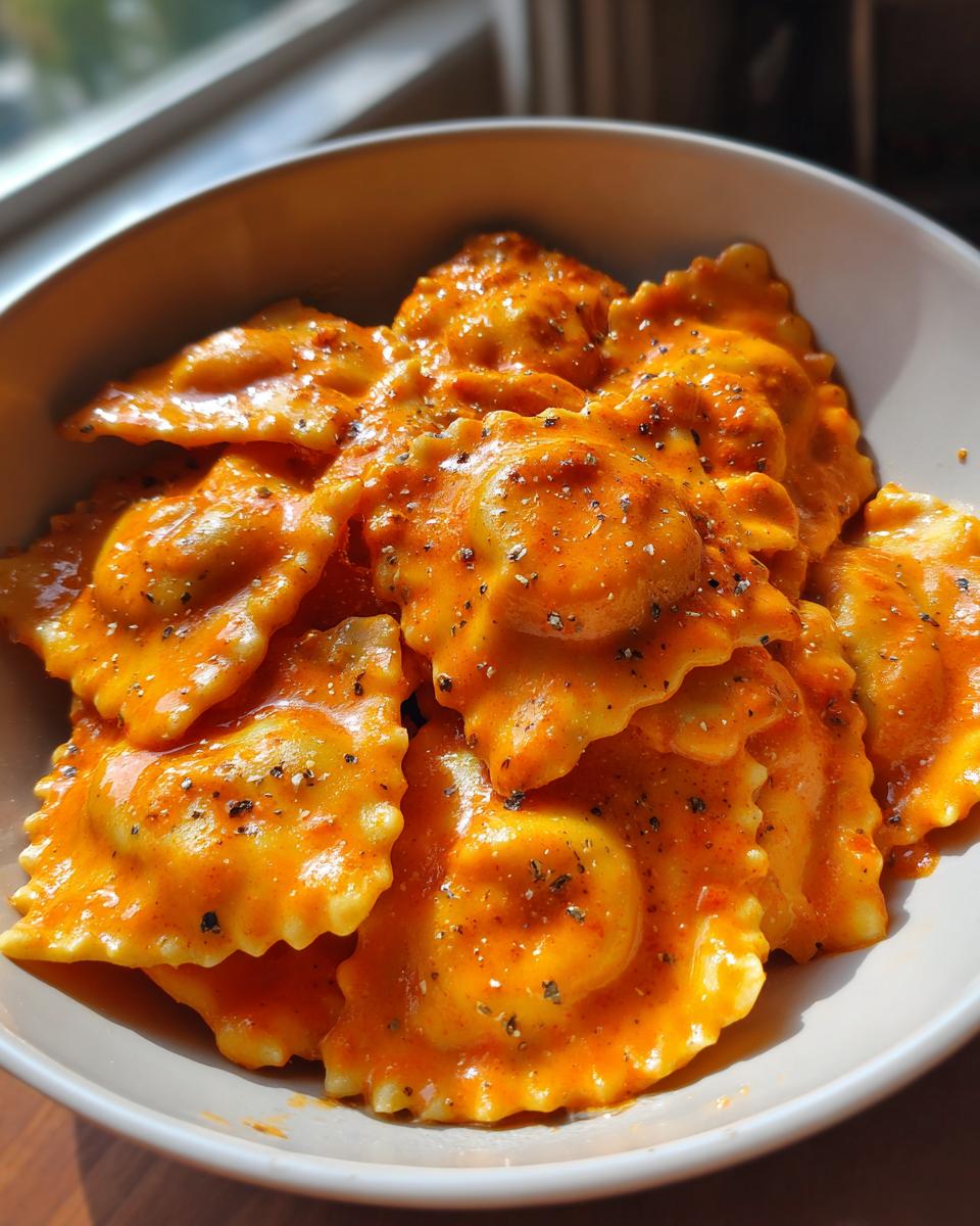 Close-up of ravioli pasta coated in a rich, orange-hued cream sauce, seasoned with cracked black pepper, part of the Hubbys Date Night Vodka Ravioli recipe.
