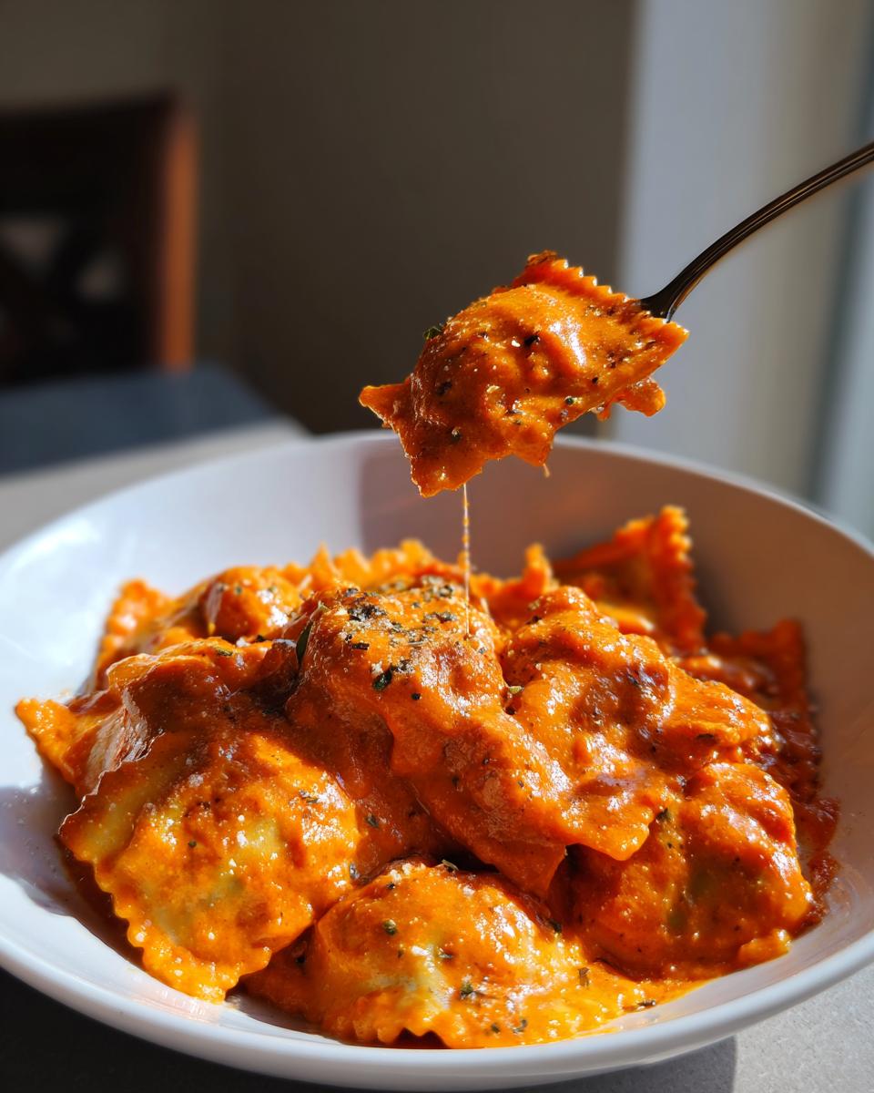 A fork lifts one piece of ravioli coated in creamy orange sauce from a bowl of Hubbys Date Night Vodka Ravioli.