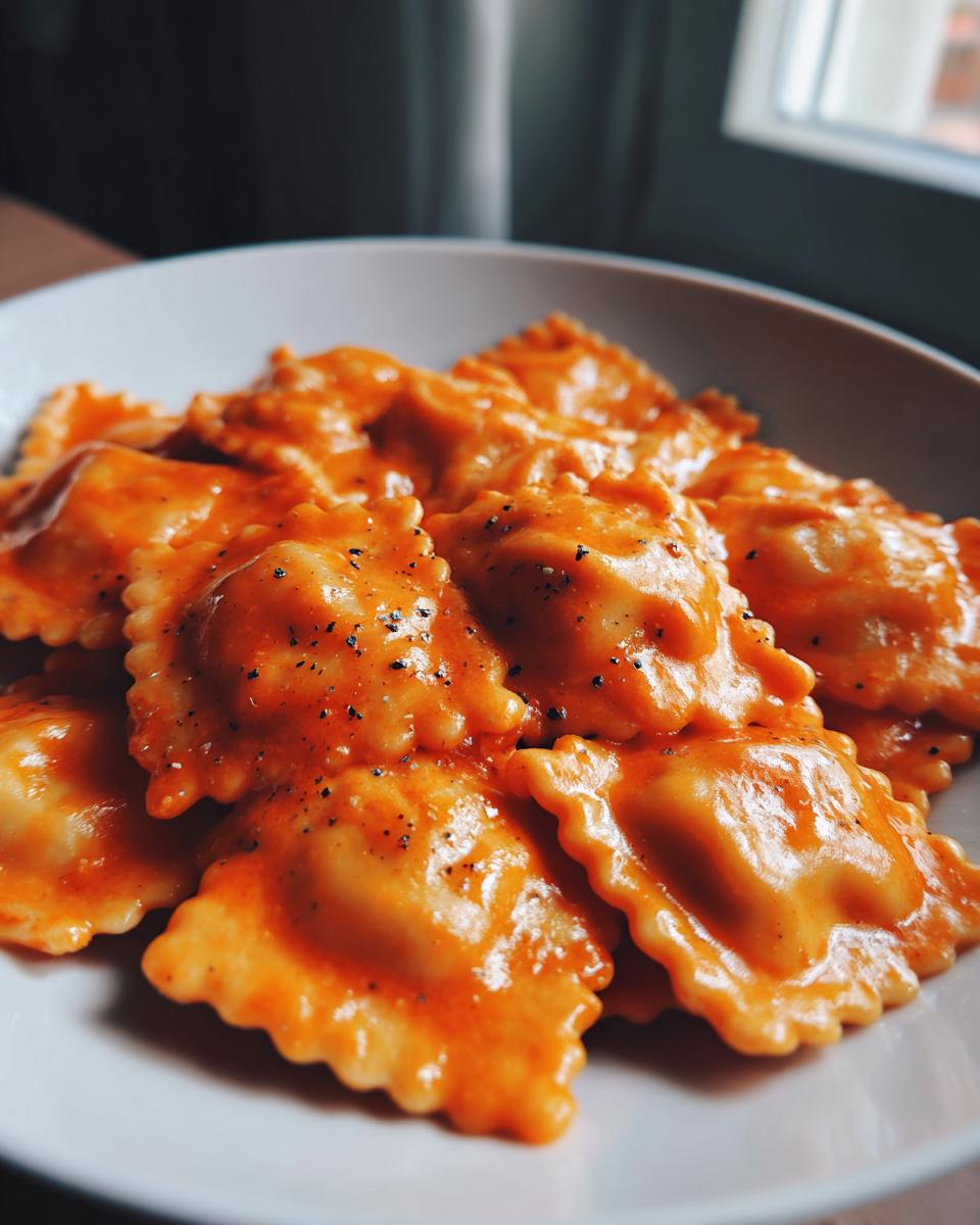 Close-up of ravioli pasta covered in a creamy orange sauce, seasoned with cracked black pepper, part of the Hubbys Date Night Vodka Ravioli recipe.