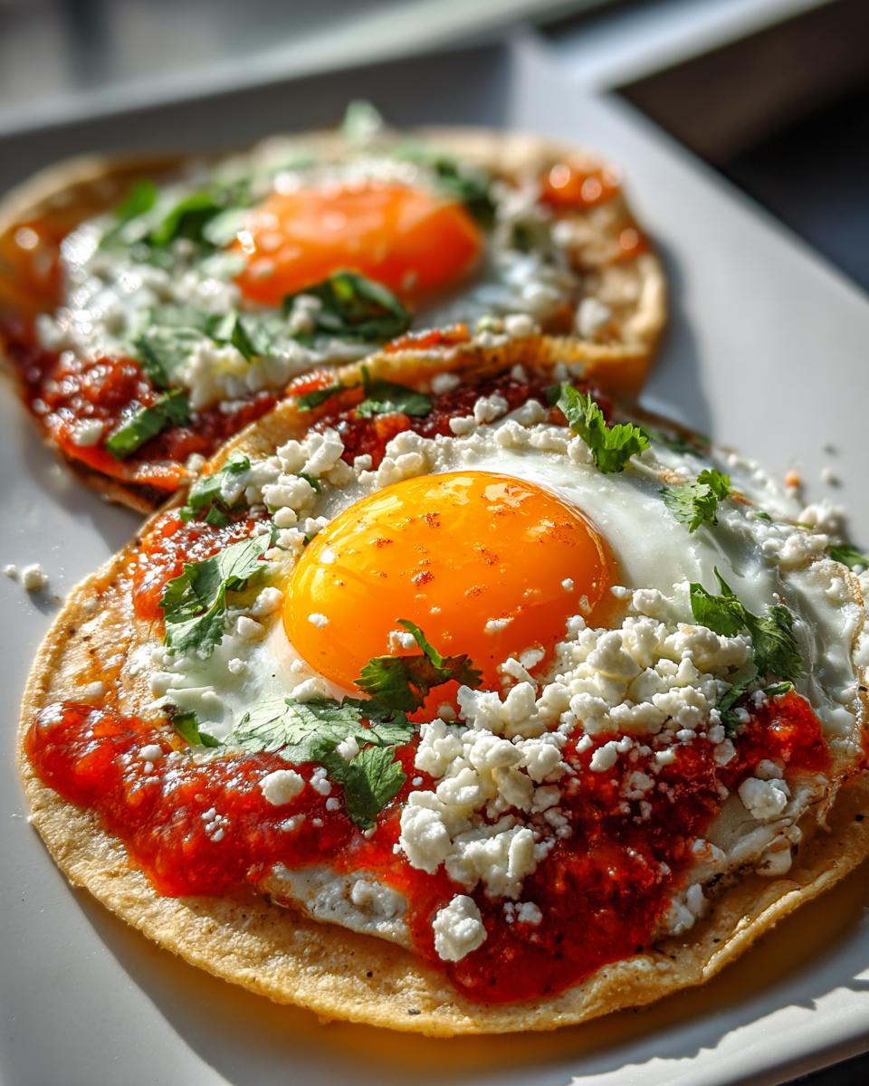 Two delicious Huevos Rancheros Tacos topped with sunny-side-up eggs, red salsa, cotija cheese, and cilantro.
