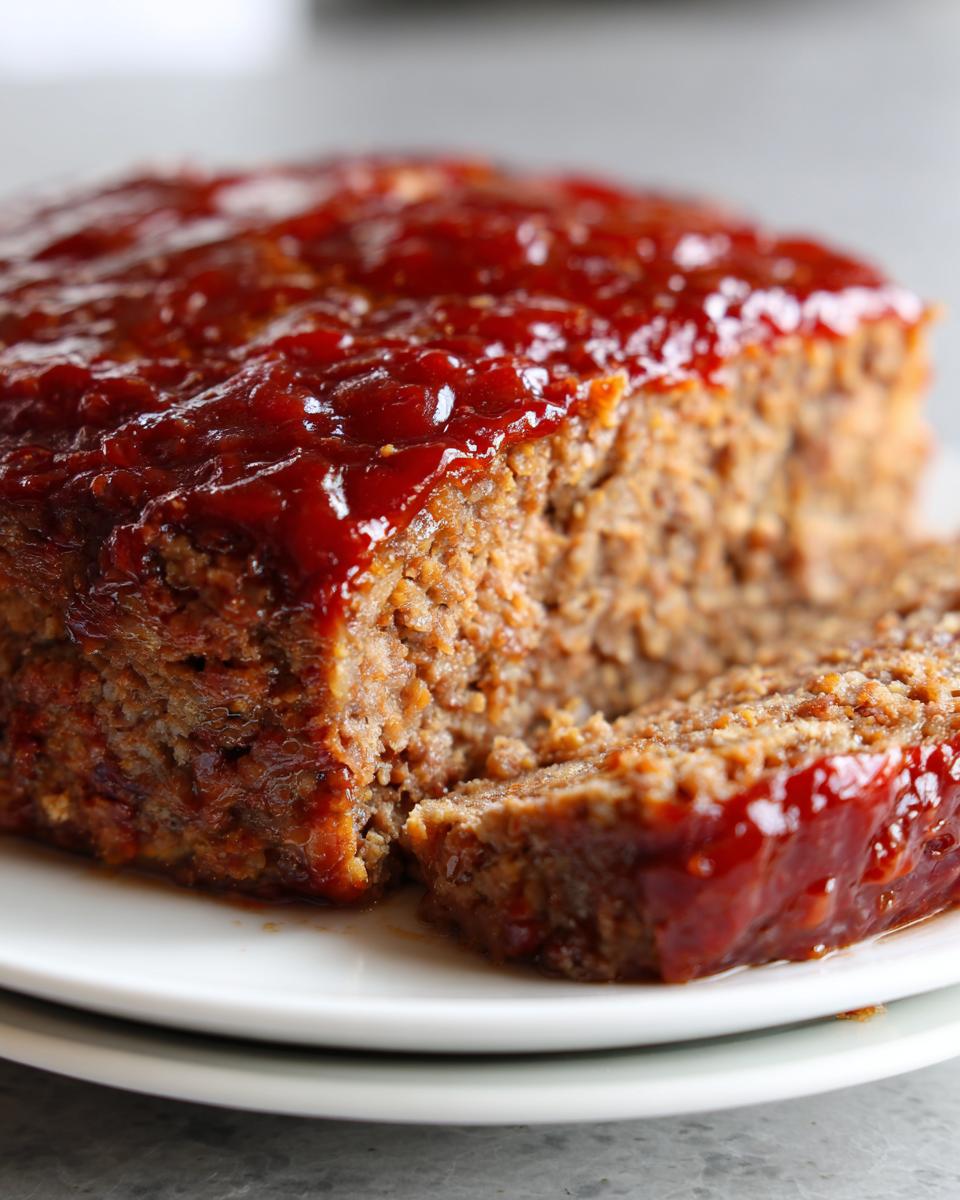 A close-up of a moist Instant Pot Meatloaf topped with a thick, glossy red glaze, with one slice cut.