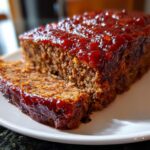 Close-up of a slice of juicy Instant Pot Meatloaf topped with a thick, shiny red glaze.