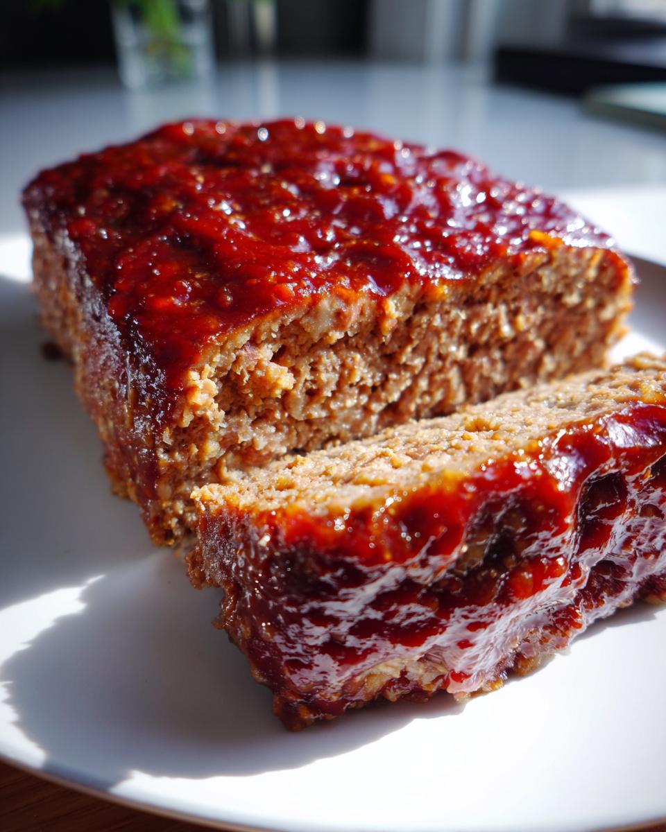 Close-up of a moist slice of Instant Pot Meatloaf topped with a thick, shiny red glaze.