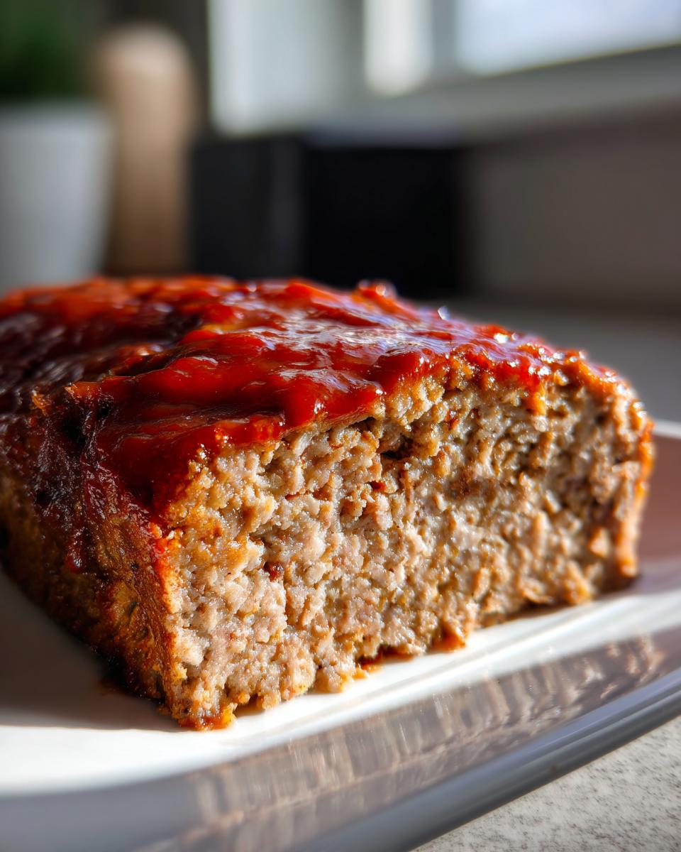 Close-up of a juicy slice of Instant Pot Meatloaf topped with a thick, shiny red glaze.