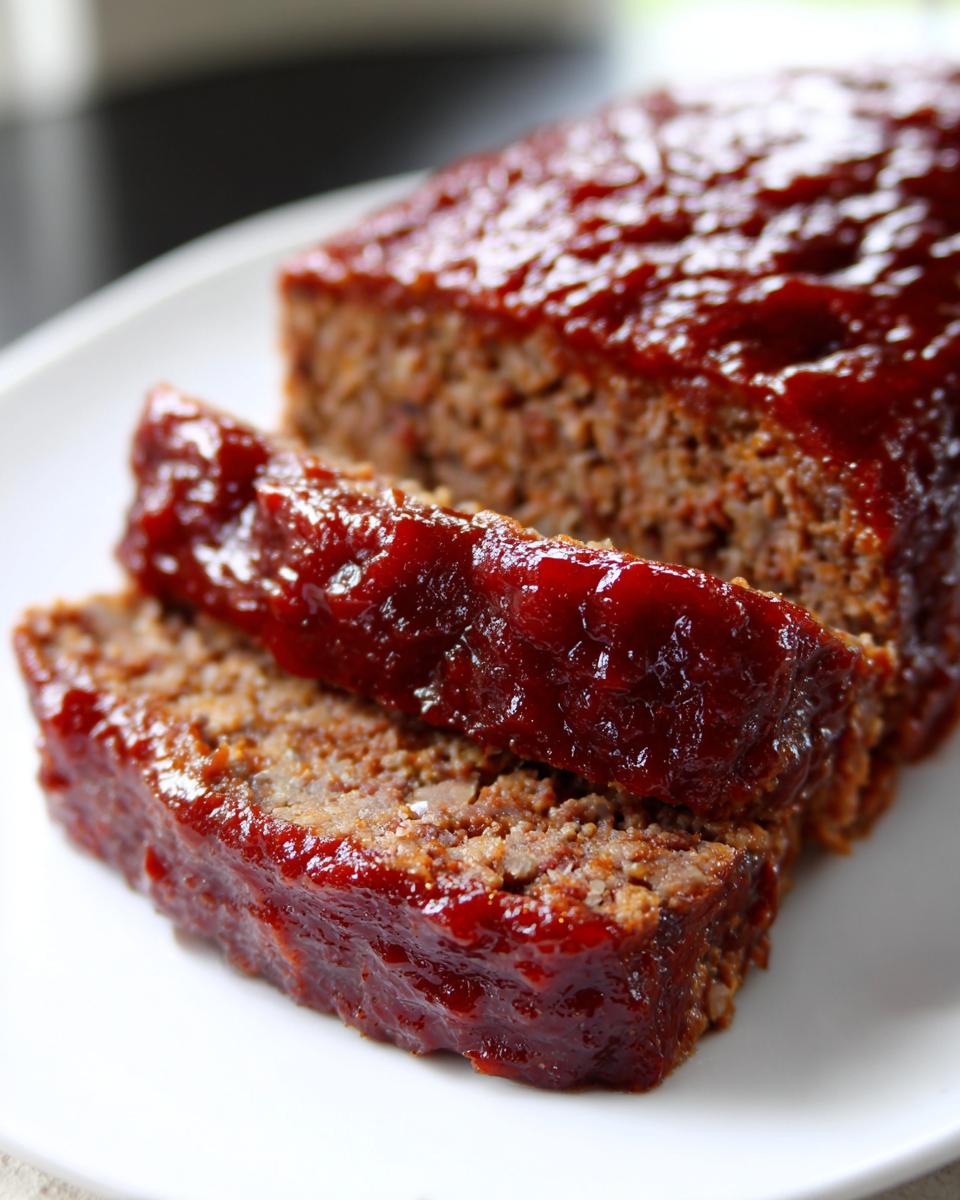 Close-up of sliced Instant Pot Meatloaf covered in a thick, glossy red glaze on a white plate.