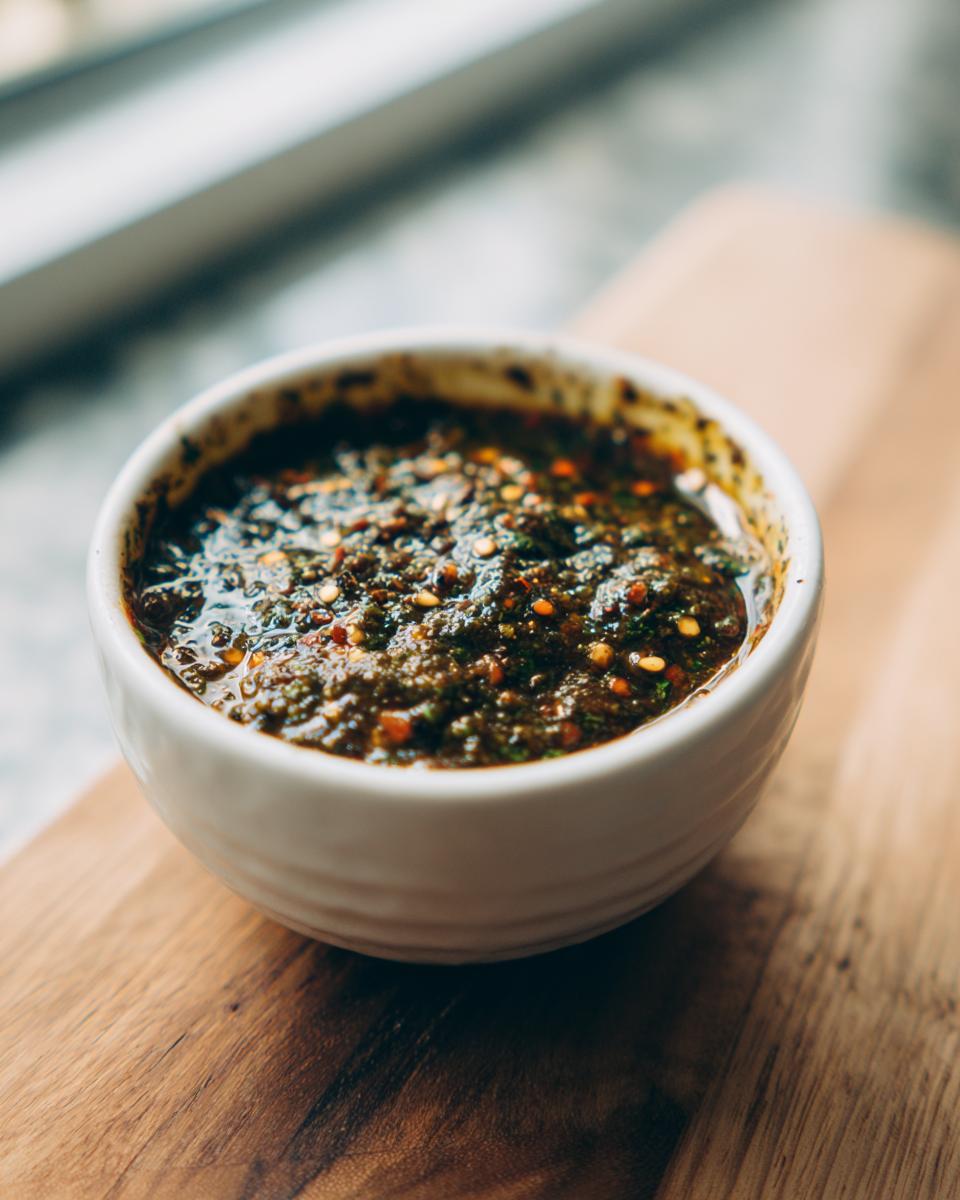 Close-up of thick, dark green Jamaican Jerk Seasoning Marinade with visible chili flakes in a small white bowl.