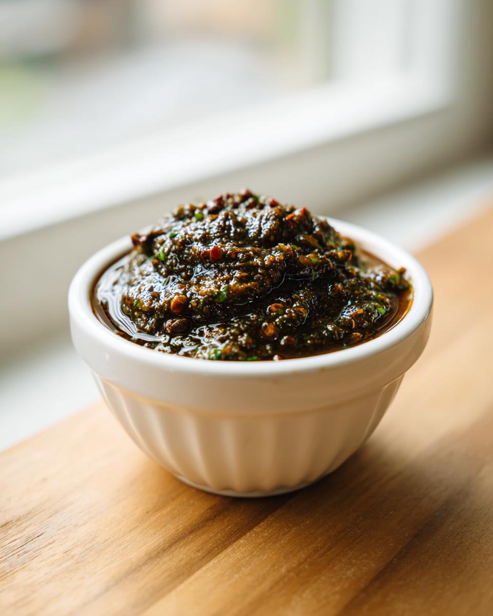 A small white bowl filled with thick, dark green Jamaican Jerk Seasoning Marinade, sitting on a wooden surface.