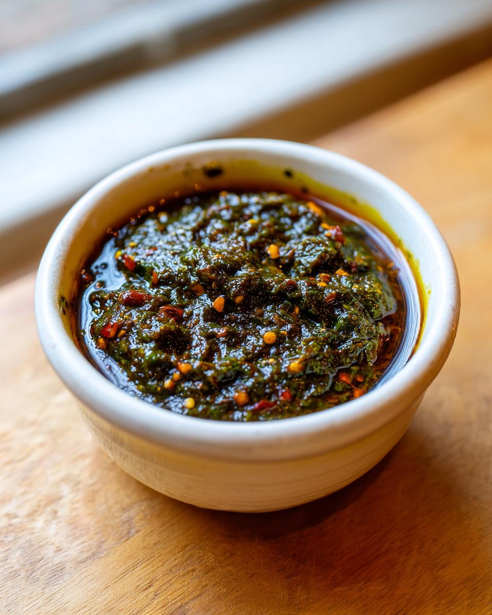Close-up of thick, dark green Jamaican Jerk Seasoning Marinade paste in a small white bowl.