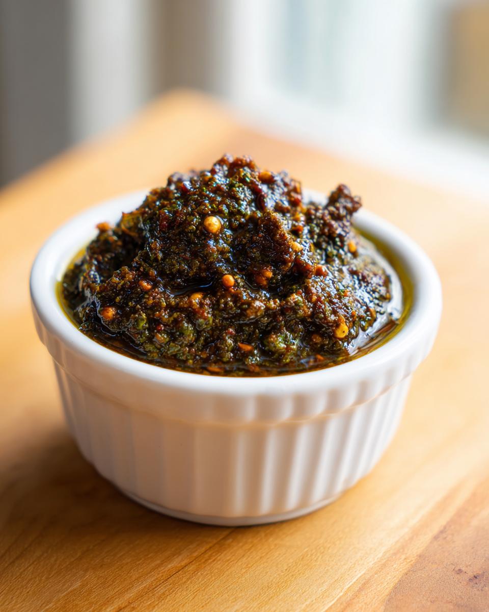 Close-up of thick, dark green Jamaican Jerk Seasoning Marinade in a small white bowl.