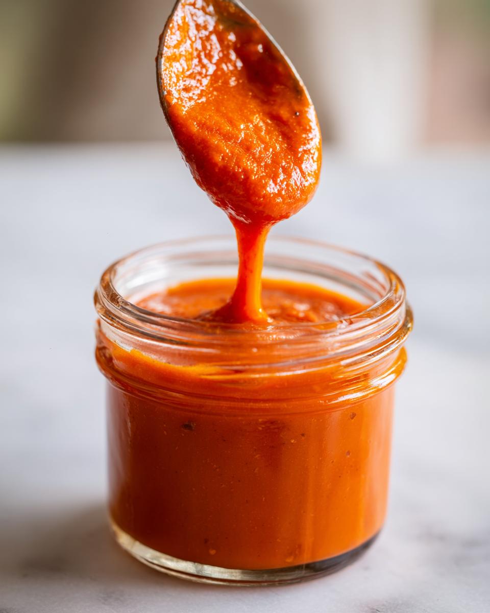 A spoonful of vibrant orange Jamaican Scotch Bonnet Pepper Sauce dripping back into a small glass jar.