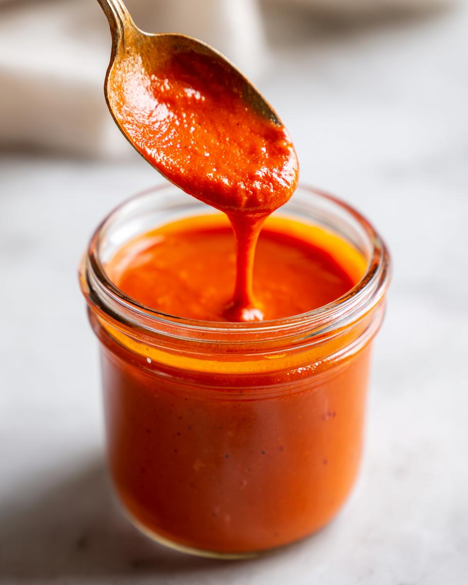 A spoonful of thick, vibrant orange-red Jamaican Scotch Bonnet Pepper Sauce being drizzled back into a small glass jar.
