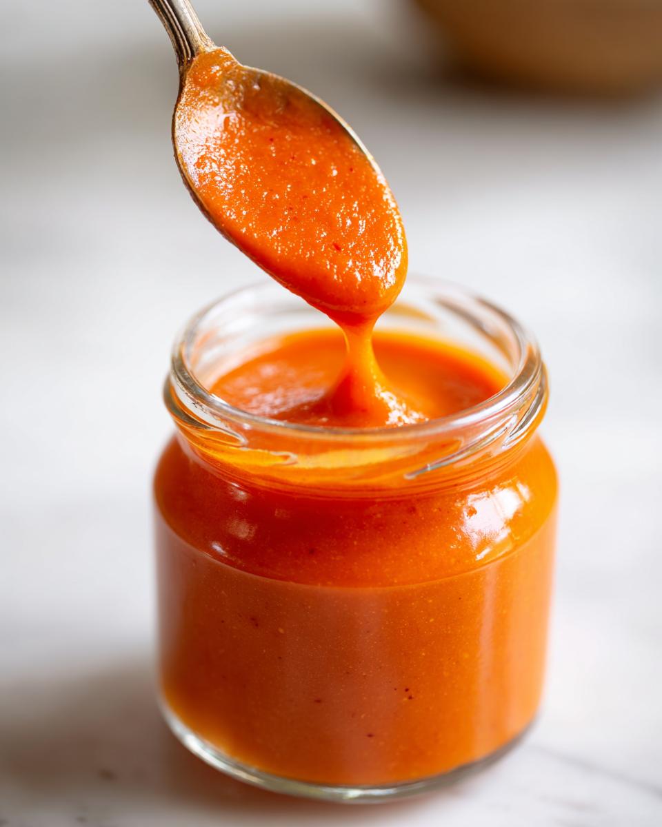 A spoonful of thick, vibrant orange Jamaican Scotch Bonnet Pepper Sauce being drizzled back into a small glass jar.