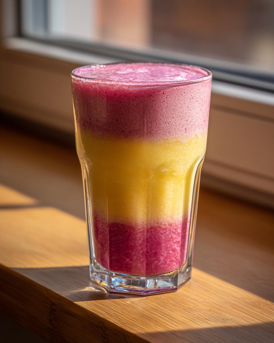 A tall glass showing a layered Raspberry Pineapple Smoothie with distinct pink/red and yellow layers, sitting on a wooden surface.