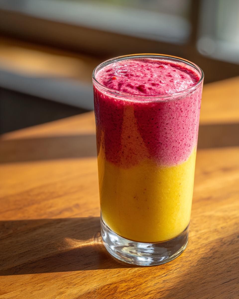 A tall glass containing a layered Raspberry Pineapple Smoothie, with a yellow layer below a vibrant pink layer.