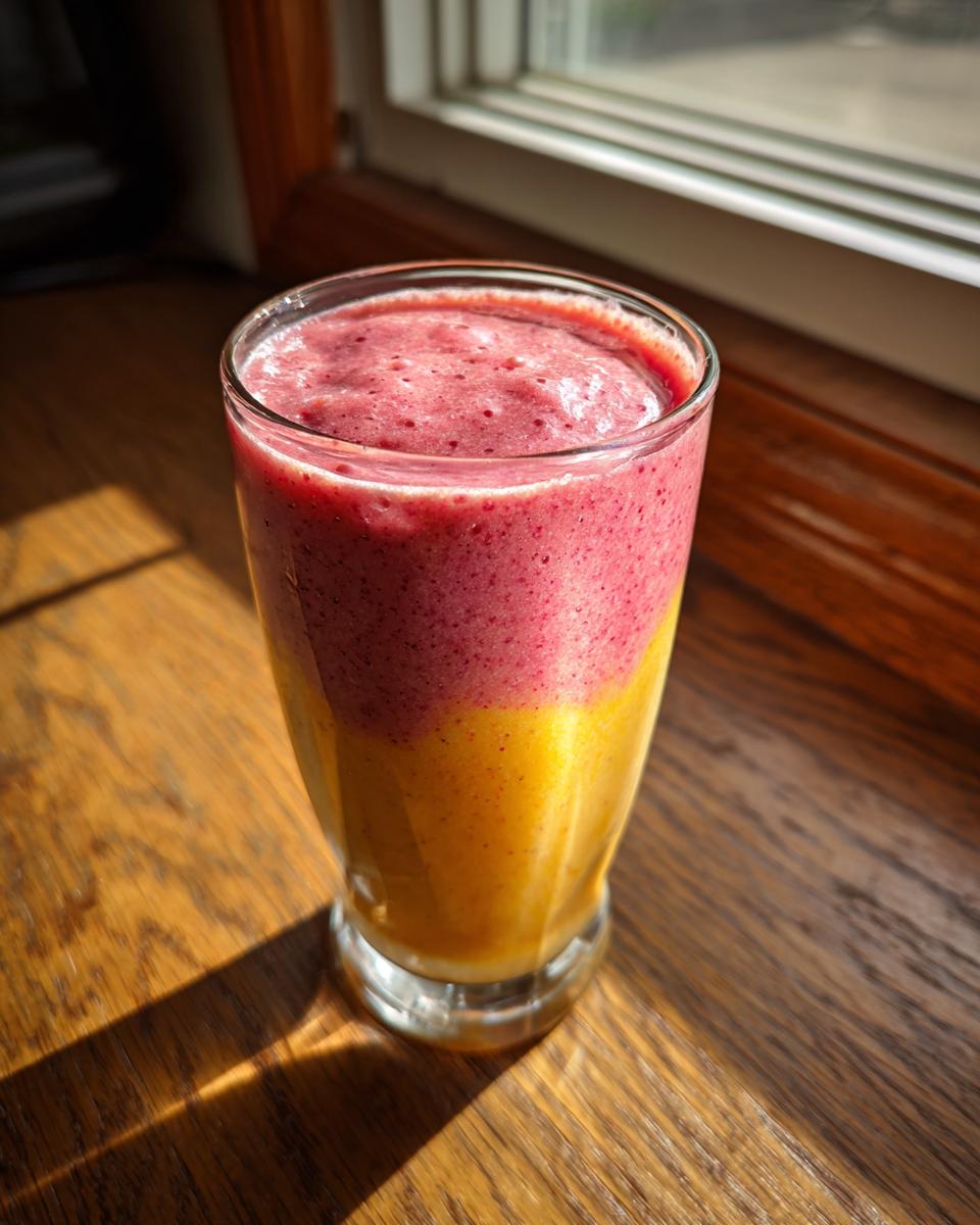 A tall glass showcasing a layered Raspberry Pineapple Smoothie with a yellow base and a deep pink top layer, sitting on a wooden surface.