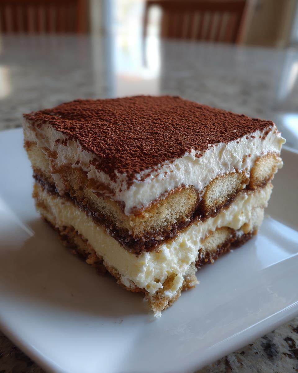 A close-up of a square slice of layered Tiramisu dessert, topped with cocoa powder, resting on a white plate.