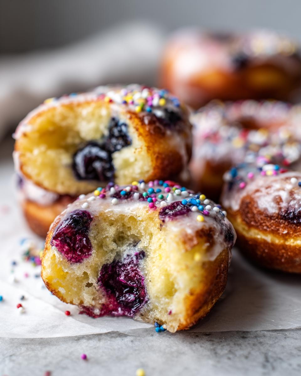 A bite taken out of a glazed Lemon Blueberry Doughnuts Sprinkles showing juicy blueberries inside.