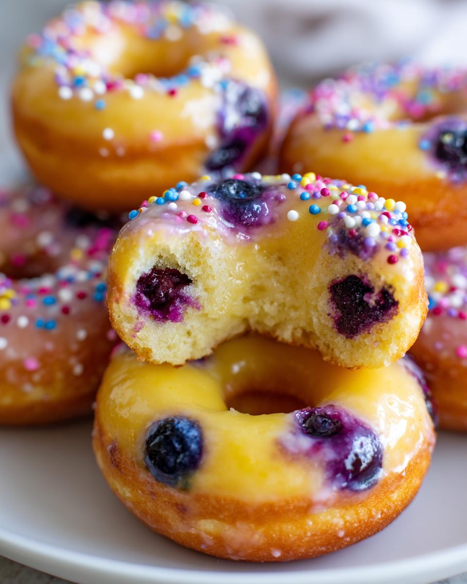 Close-up of glazed Lemon Blueberry Doughnuts Sprinkles, one bitten to show the blueberry filling.