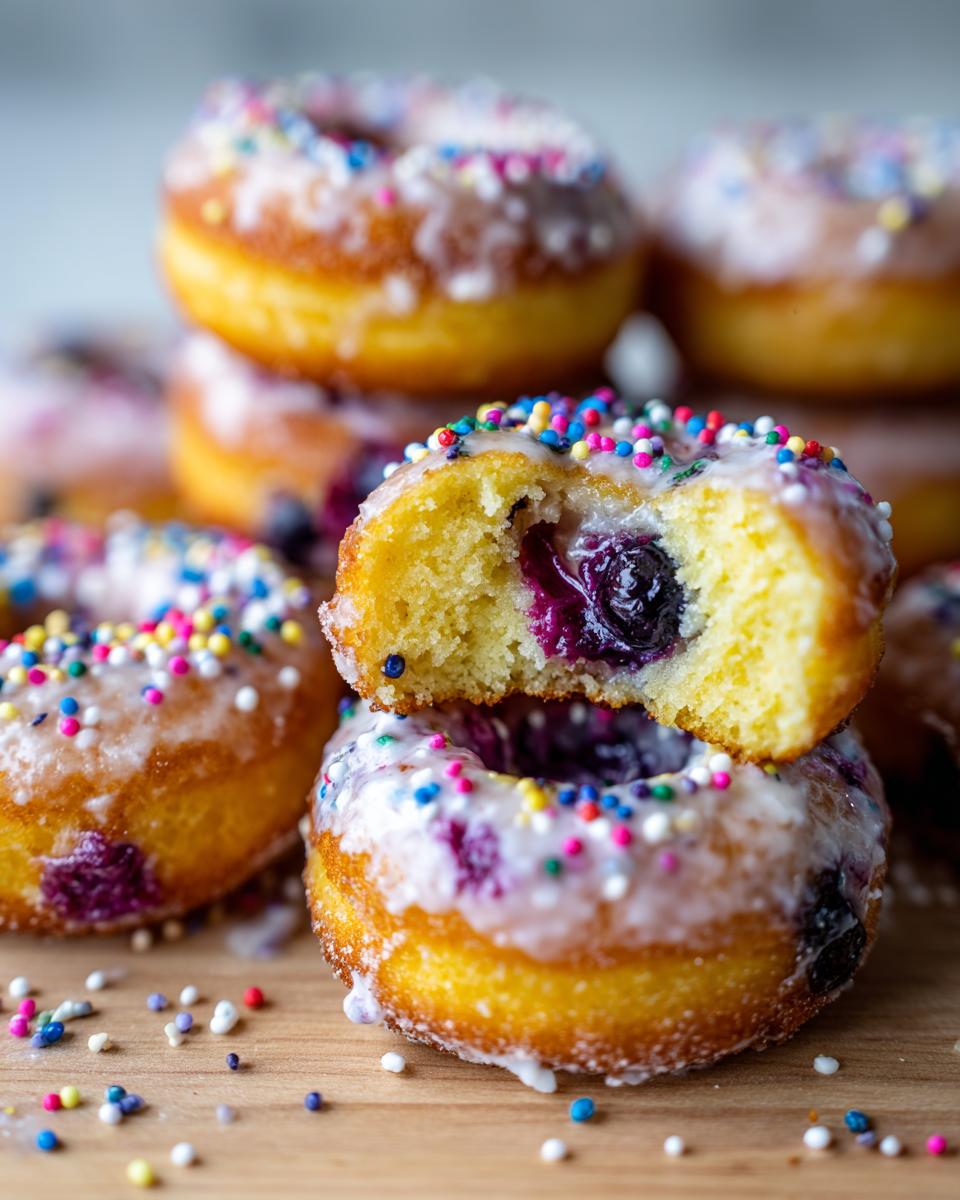 Close-up of a Lemon Blueberry Doughnuts Sprinkles, one cut in half showing the blueberry filling.