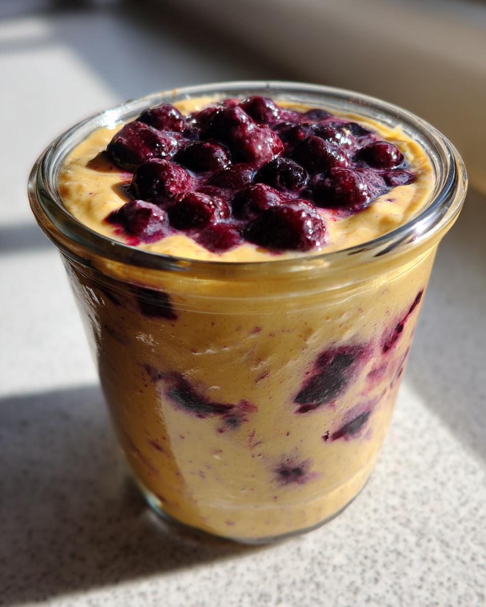 Close-up of Lemon Blueberry Overnight Oats, featuring a creamy yellow base topped with vibrant, cooked blueberries.