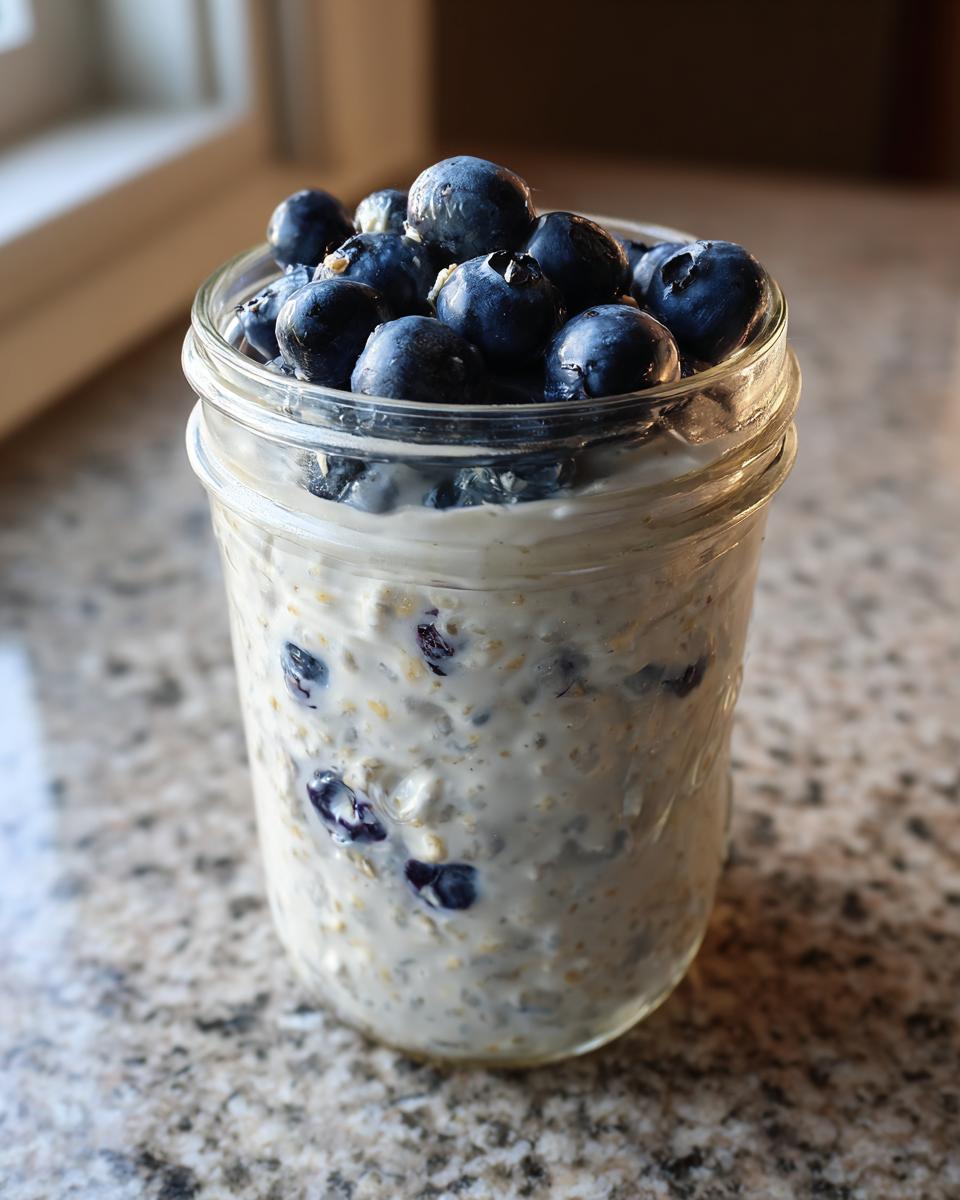 Close-up of Lemon Blueberry Overnight Oats topped with fresh blueberries in a glass jar.