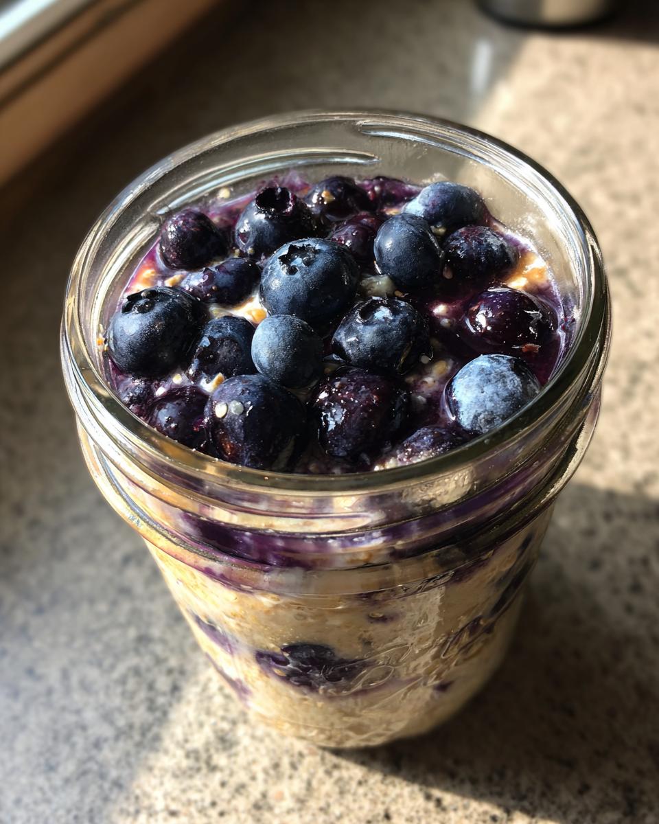 Close-up of Lemon Blueberry Overnight Oats in a glass jar, topped generously with fresh blueberries.