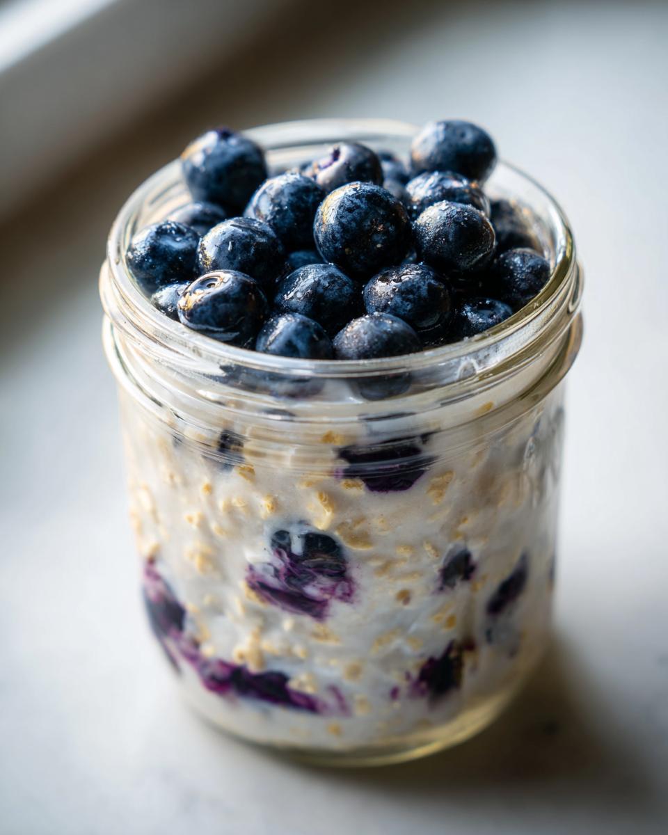Close-up of Lemon Blueberry Overnight Oats in a glass jar, topped generously with fresh, plump blueberries.