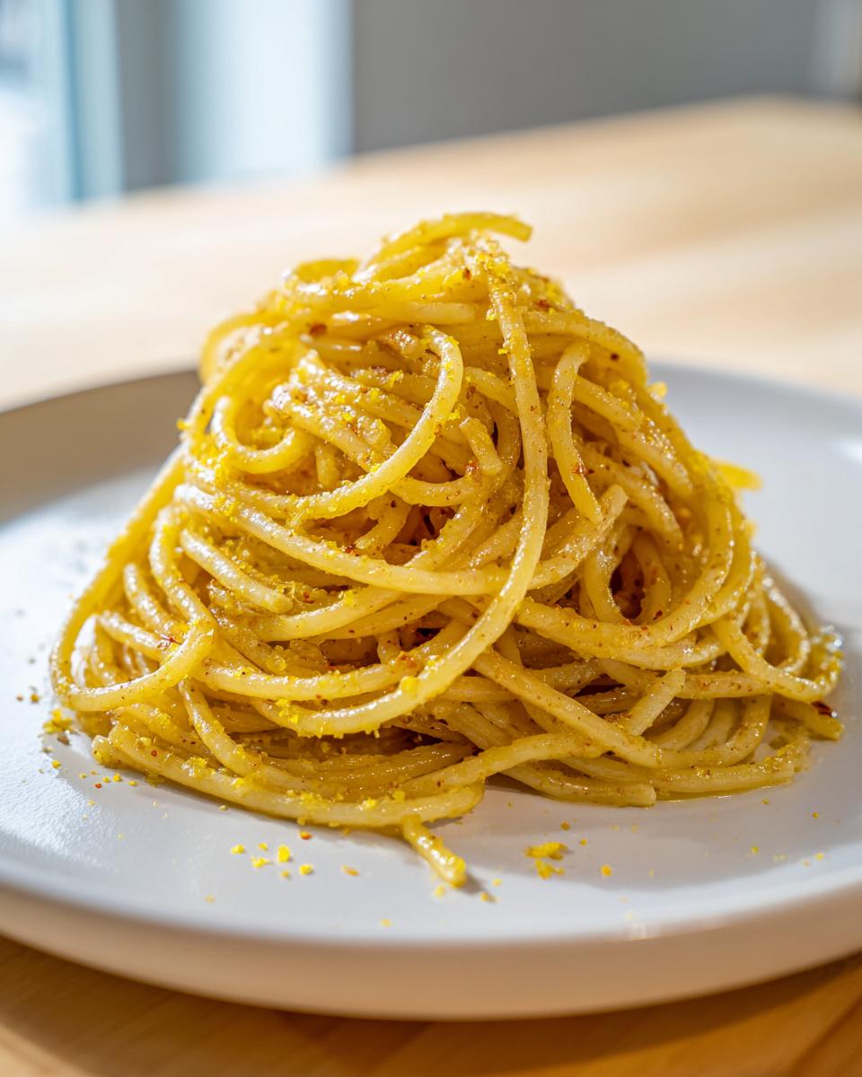 A tall mound of Lemon Brown Butter Spaghetti coated in a rich sauce and topped with bright zest.