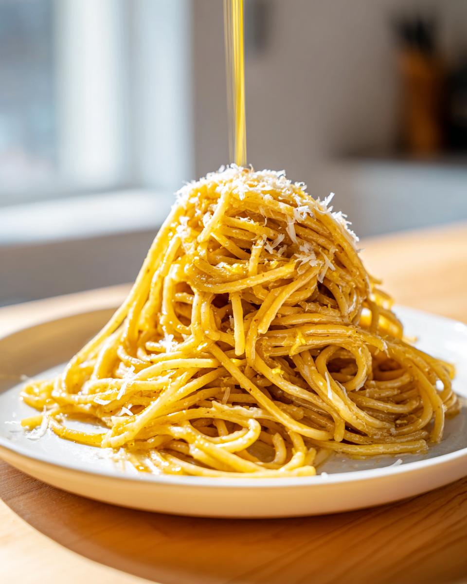 A tall mound of Lemon Brown Butter Spaghetti topped with grated cheese, with a stream of sauce being poured over it.