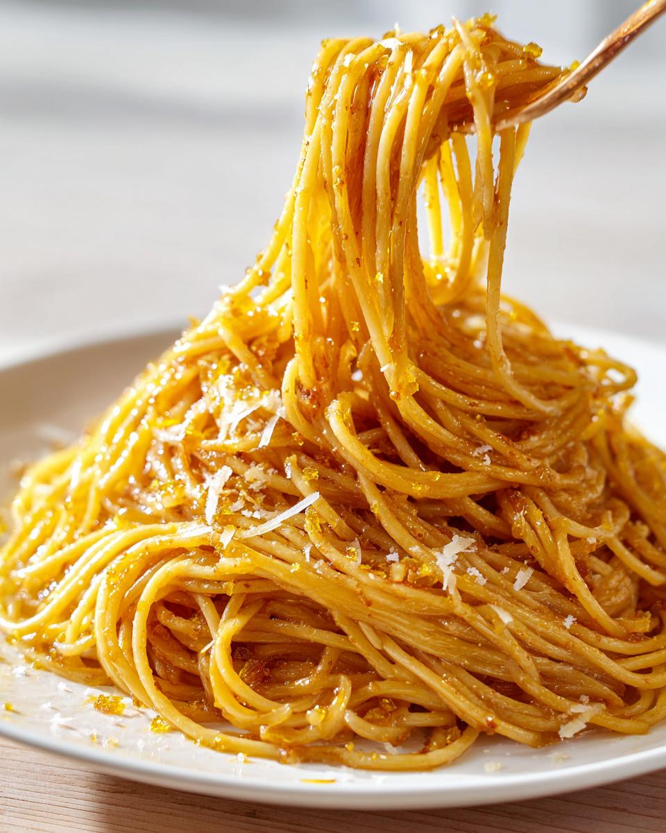 Close-up of a fork lifting golden Lemon Brown Butter Spaghetti from a white plate, topped with cheese.