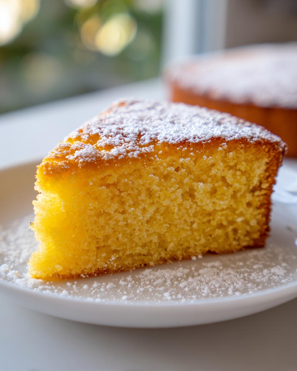 Close-up of a slice of moist Lemon Yogurt Cake dusted with powdered sugar on a white plate.