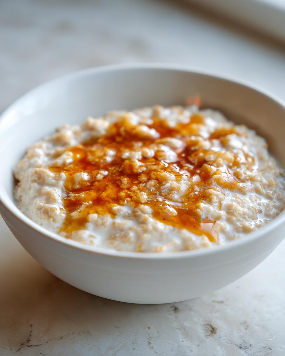 Close-up of a white bowl filled with creamy Maple Brown Sugar Oatmeal topped with a rich, golden brown syrup drizzle.