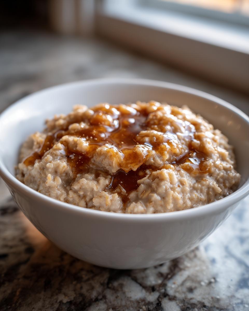 Close-up of a white bowl filled with creamy Maple Brown Sugar Oatmeal topped with a rich, glossy maple syrup drizzle.