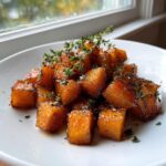 Close-up of glistening Maple Herb Roasted Butternut Squash cubes garnished with fresh thyme sprigs.