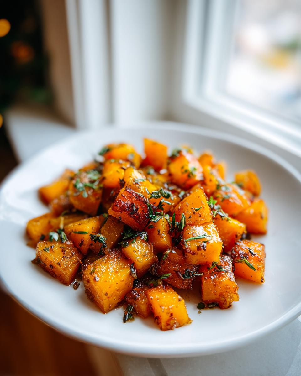 Close-up of glistening Maple Herb Roasted Butternut Squash cubes sprinkled with fresh herbs on a white plate.