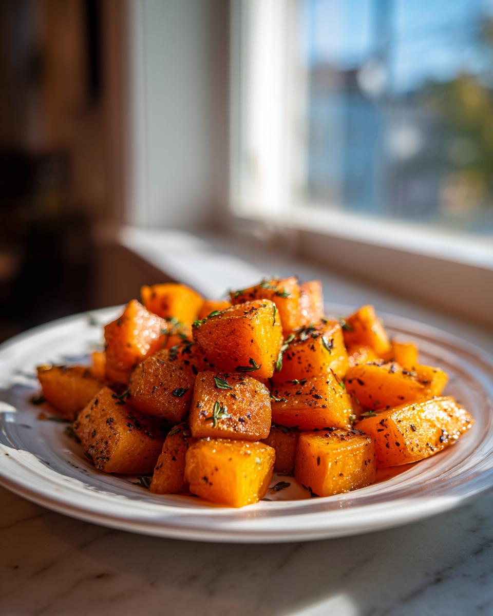 A pile of glistening, cubed Maple Herb Roasted Butternut Squash seasoned with herbs on a white plate.