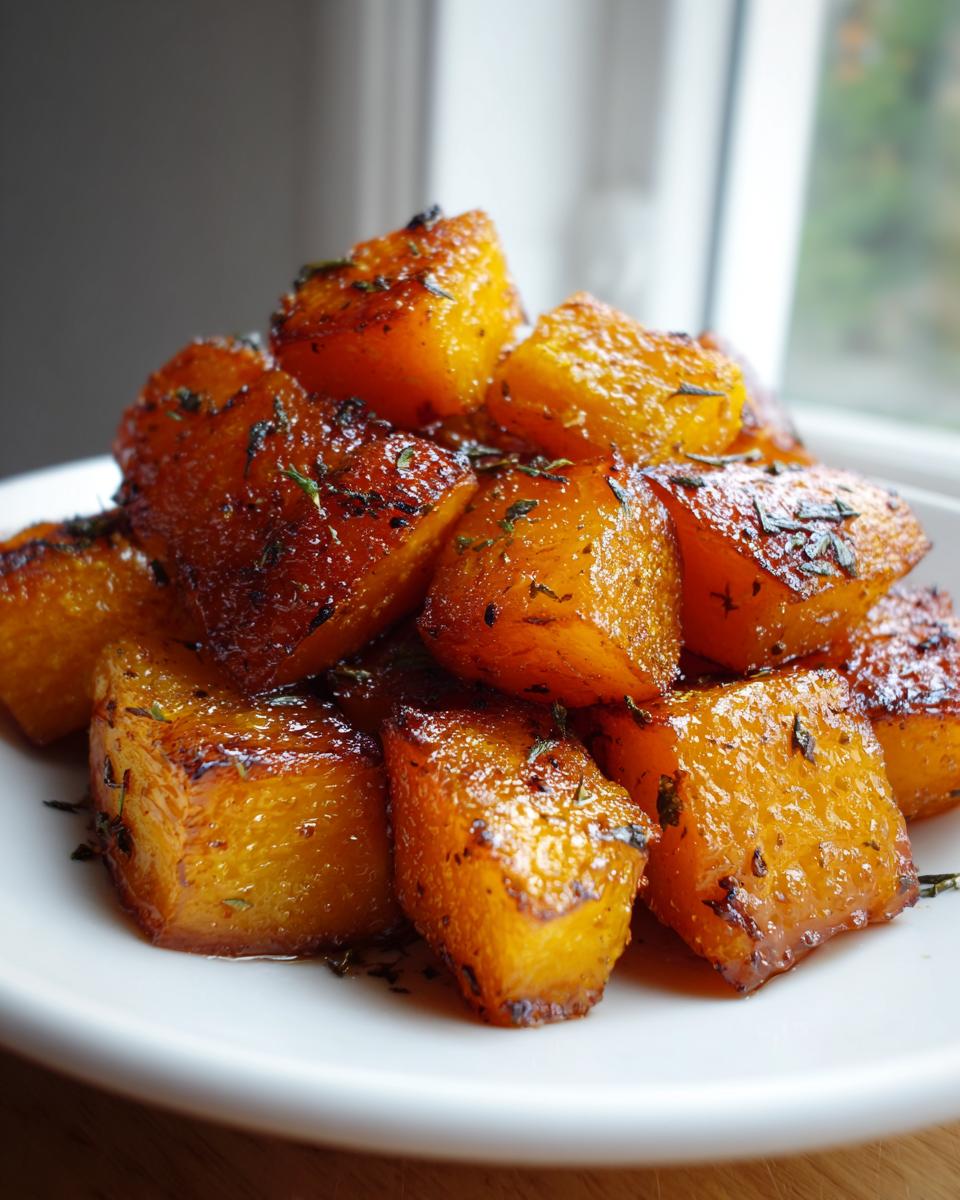 Close-up of caramelized Maple Herb Roasted Butternut Squash cubes piled on a white plate.