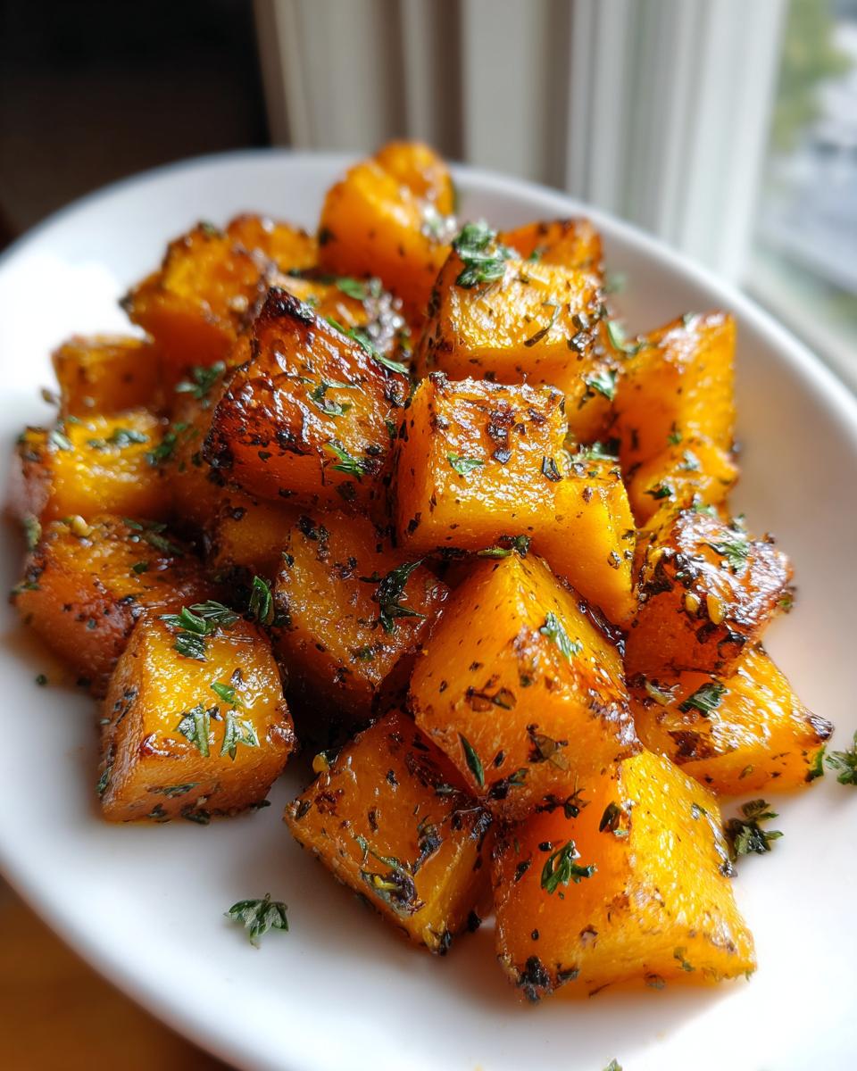 Close-up of vibrant orange Maple Herb Roasted Butternut Squash cubes garnished with fresh herbs.
