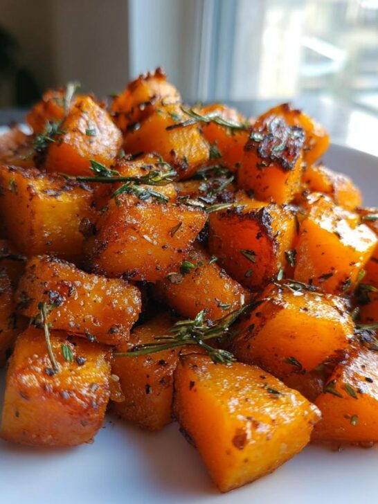 Close-up of caramelized Maple Herb Roasted Butternut Squash cubes garnished with fresh rosemary sprigs on a white plate.