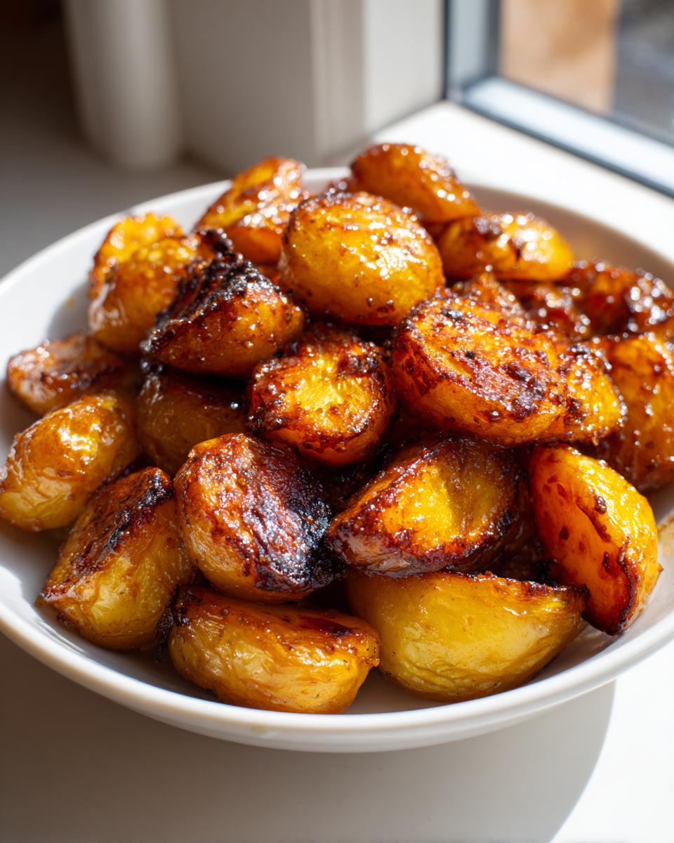 Close-up of perfectly caramelized Maple Mustard Roasted Potatoes glistening in a white serving bowl.