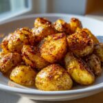 A close-up shot of glistening Maple Mustard Roasted Potatoes piled high in a white serving bowl.