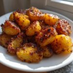 Close-up of golden brown Maple Mustard Roasted Potatoes piled high on a white plate.