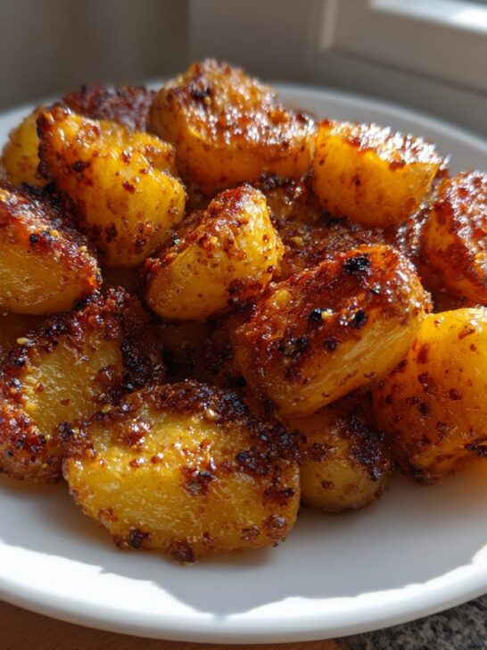 Close-up of golden brown Maple Mustard Roasted Potatoes piled high on a white plate.