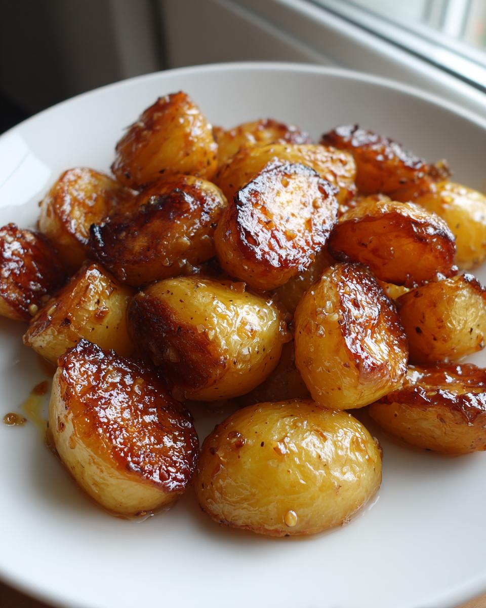 Close-up of shiny, caramelized Maple Mustard Roasted Potatoes piled on a white plate.
